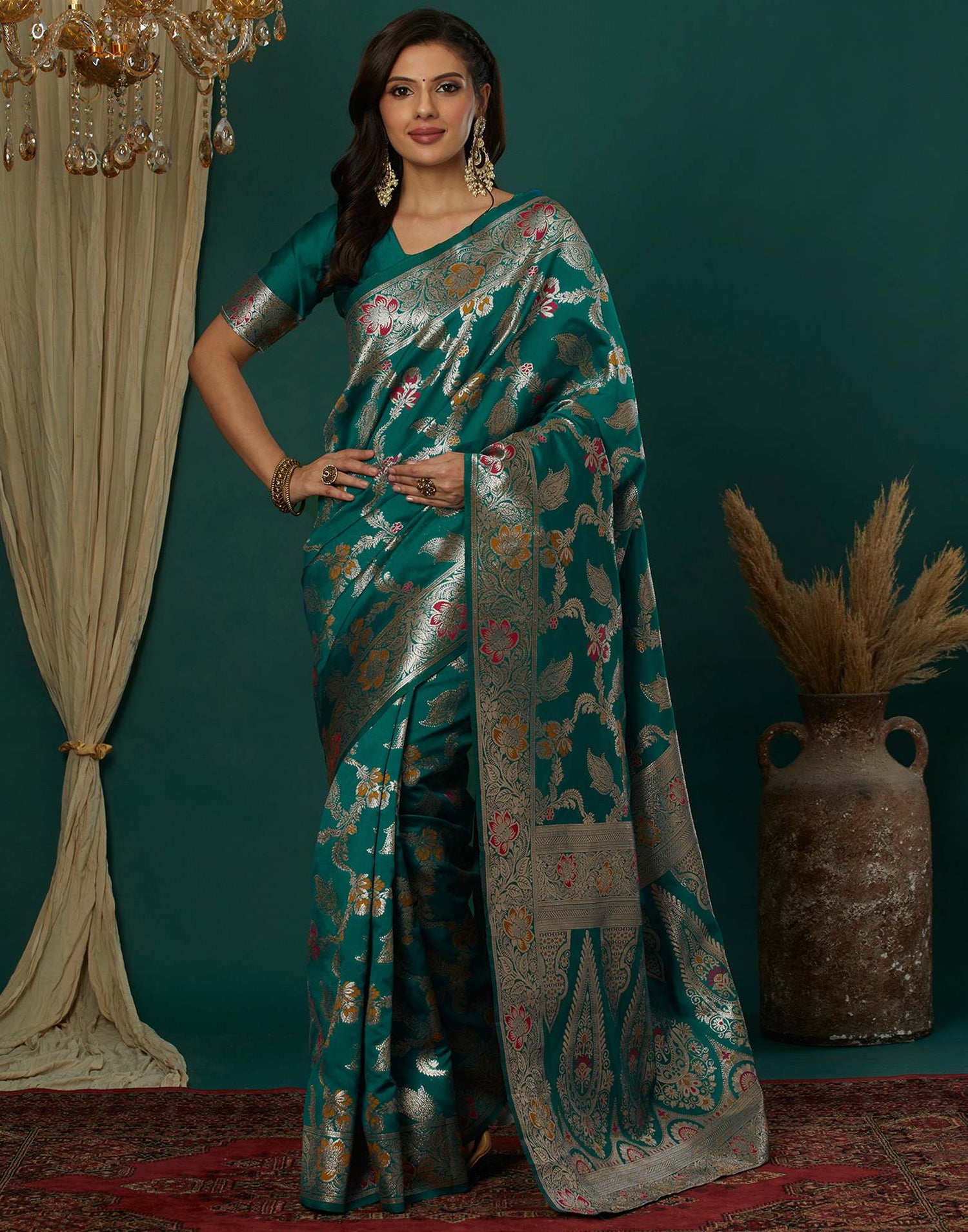 Teal Green Silk Weaving Banarasi Saree