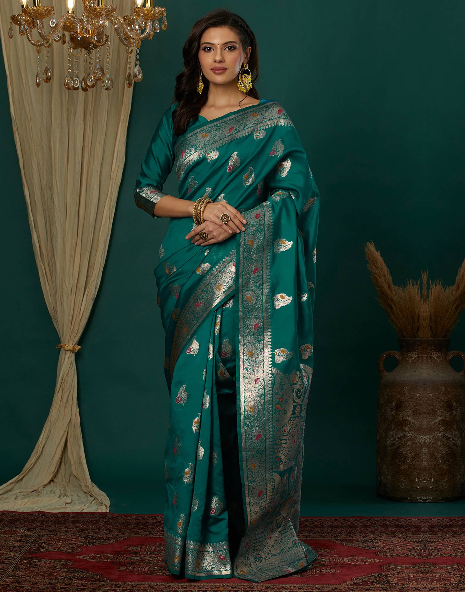 Teal Green Silk Weaving Banarasi Saree