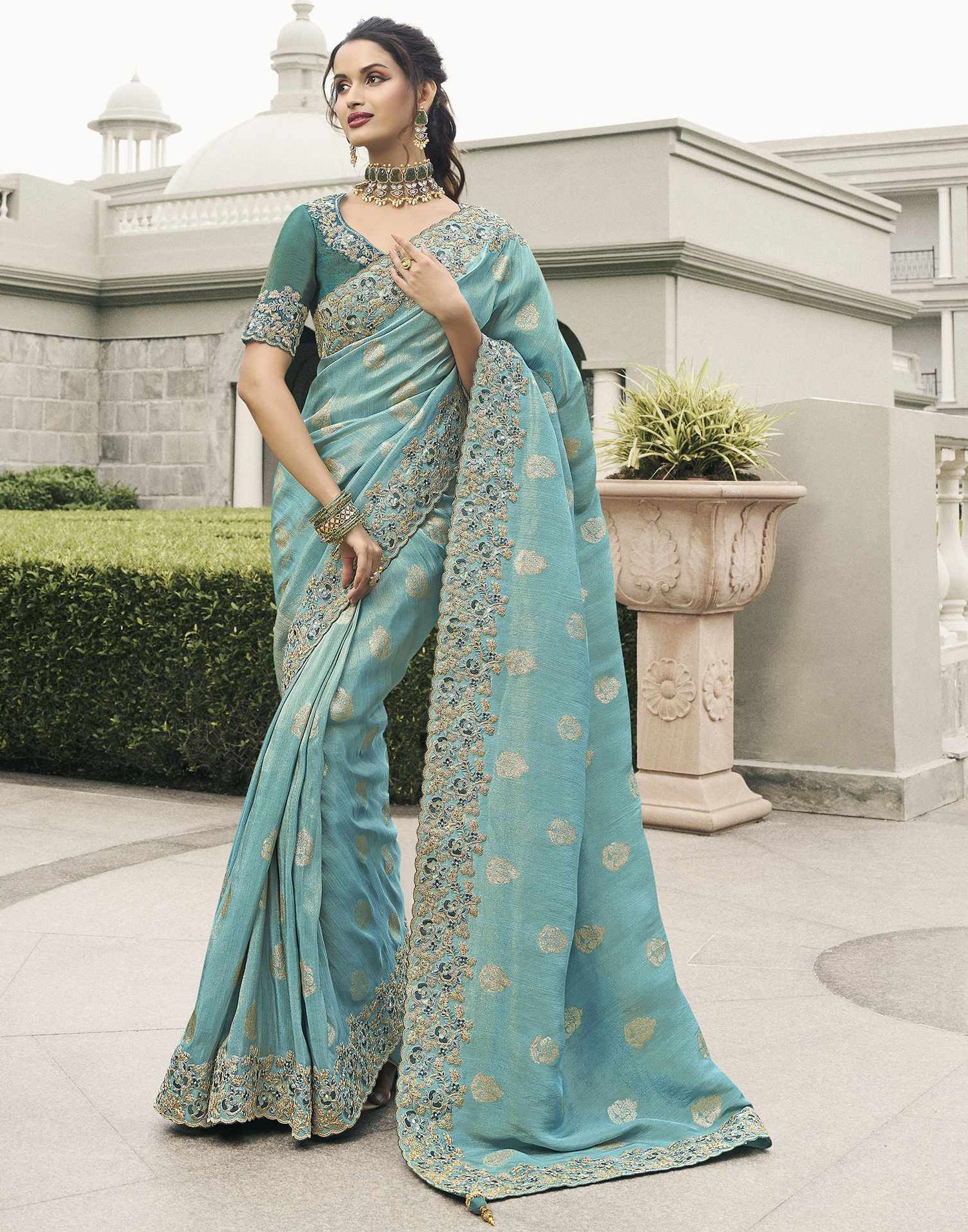 Blue Silk Weaving Embroidery Saree