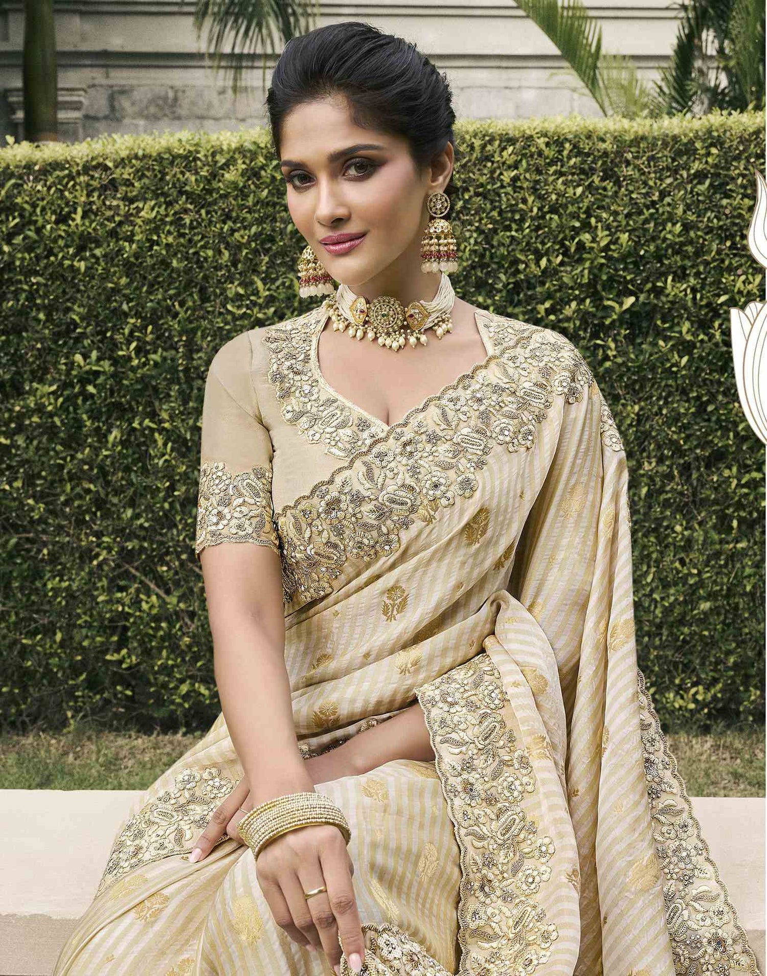 Light Beige Silk Weaving Embroidery Saree