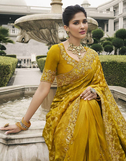 Mustard Yellow Silk Weaving Embroidery Saree