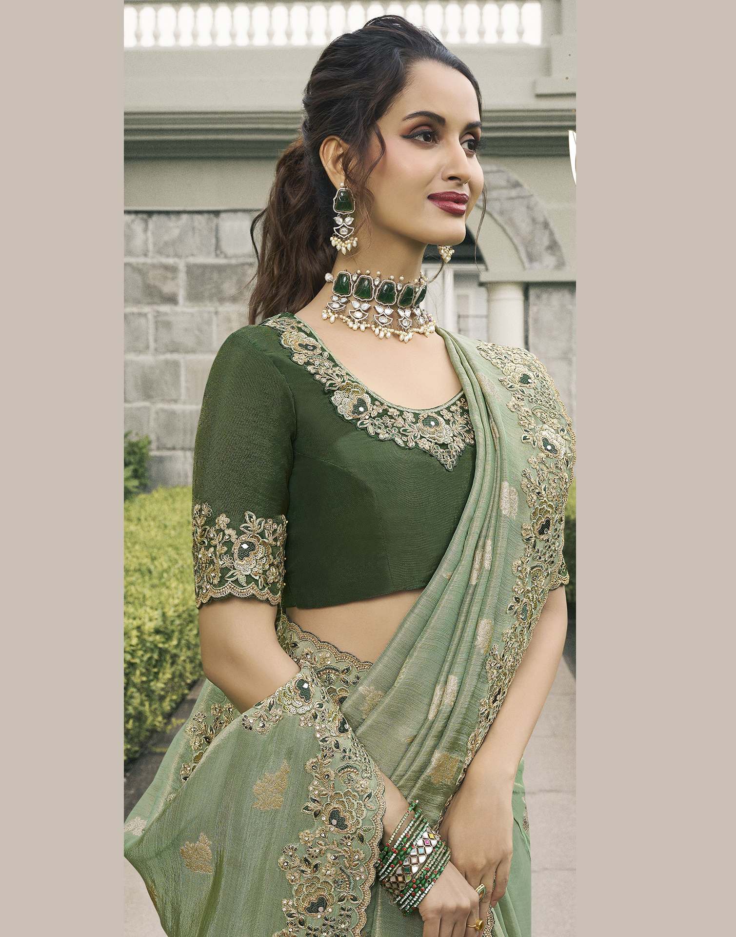 Light Pista Green Silk Weaving Embroidery Saree