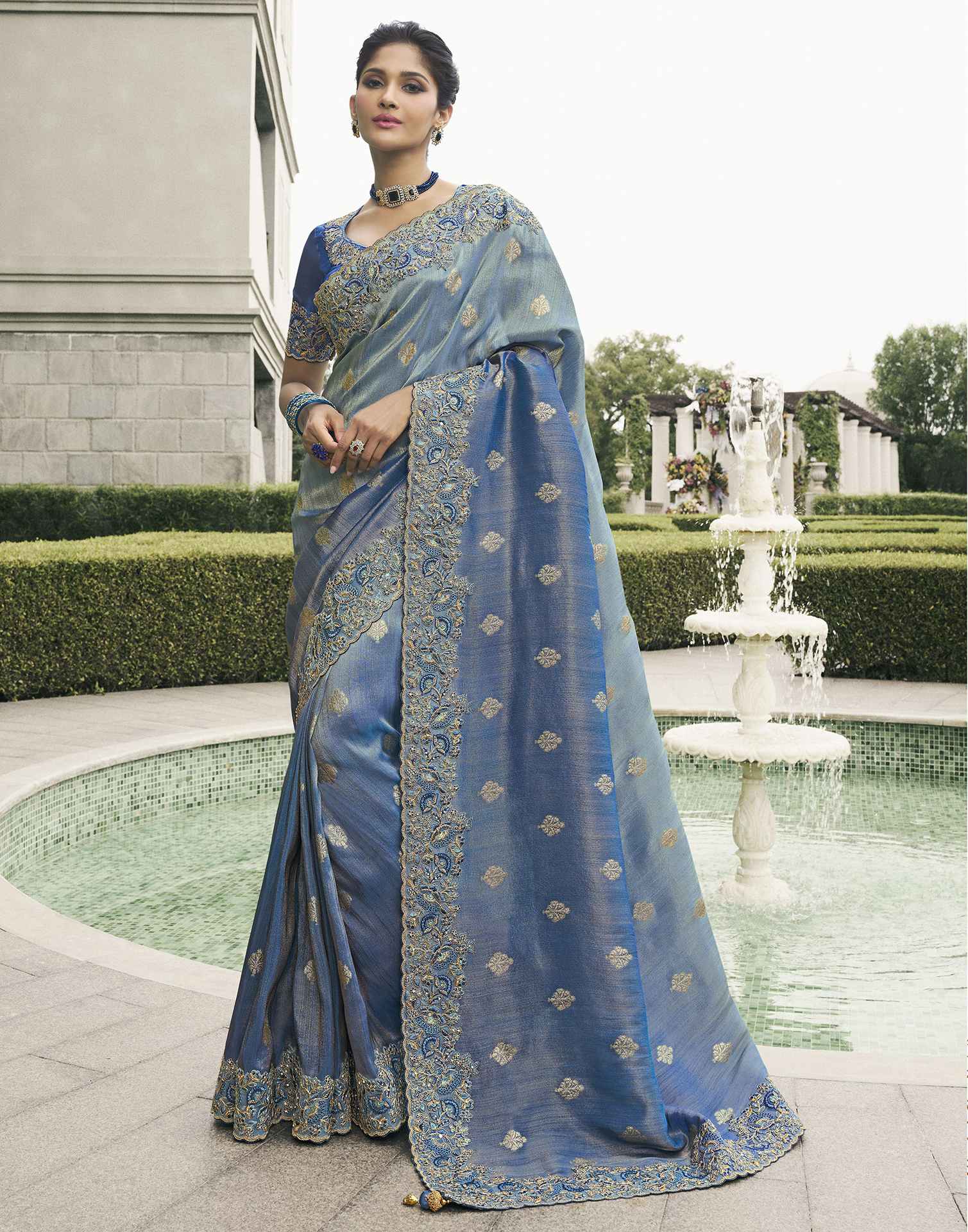 Dark Blue Silk Weaving Embroidery Saree