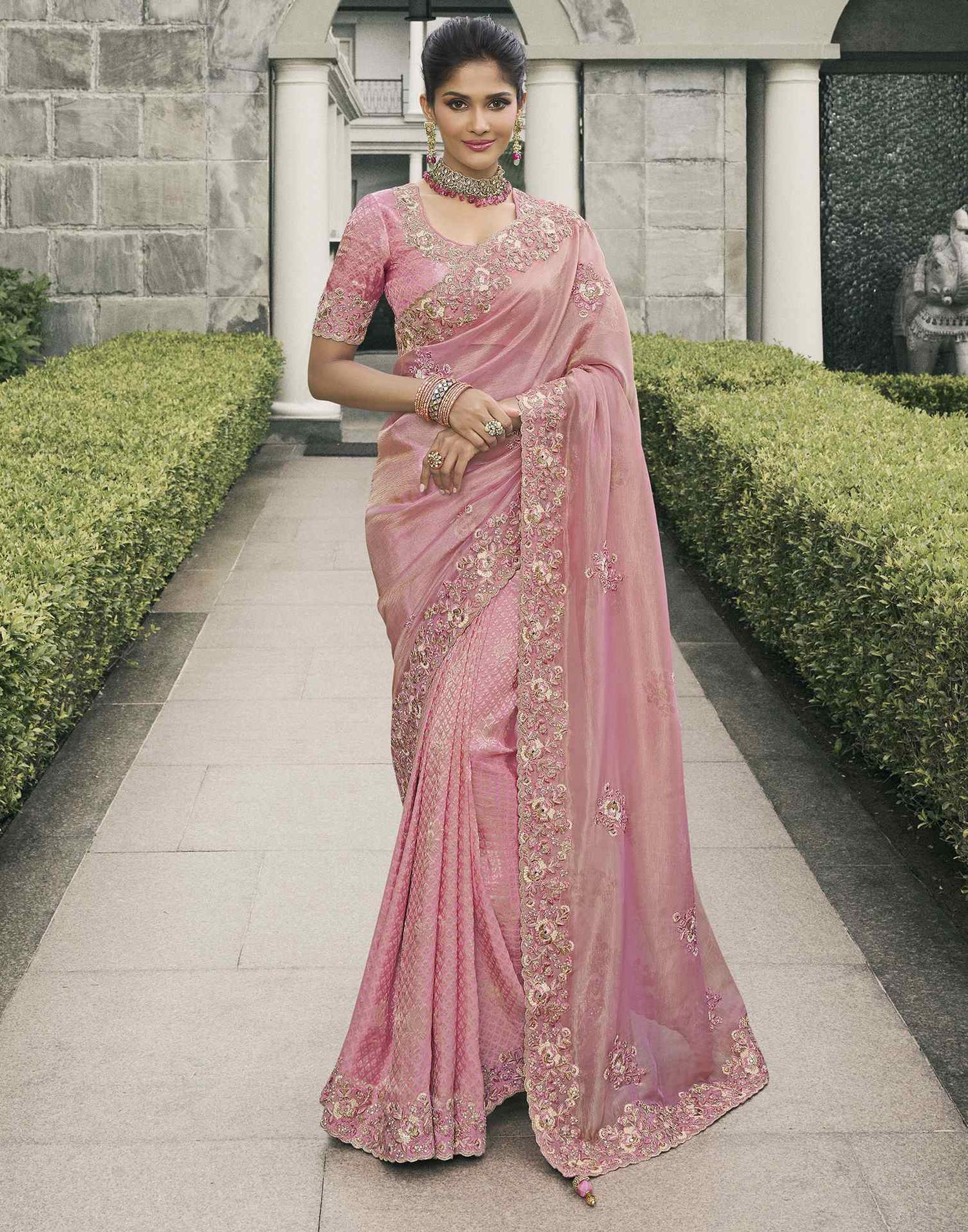 Light Pink Silk Weaving Embroidery Saree