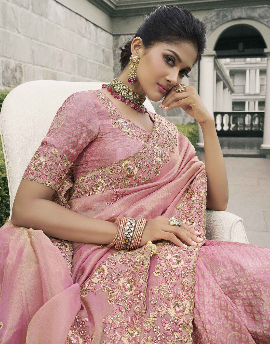 Light Pink Silk Weaving Embroidery Saree