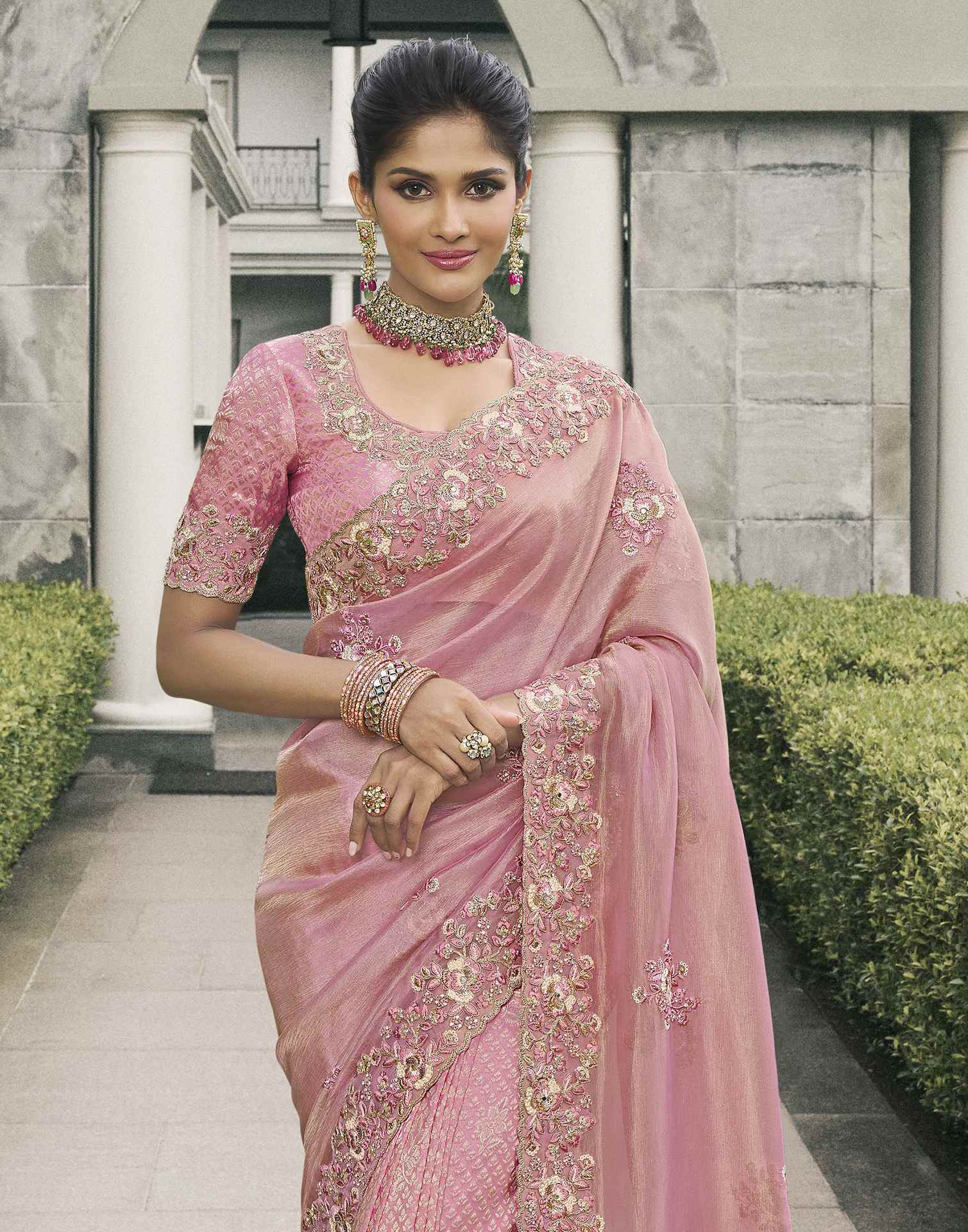 Light Pink Silk Weaving Embroidery Saree