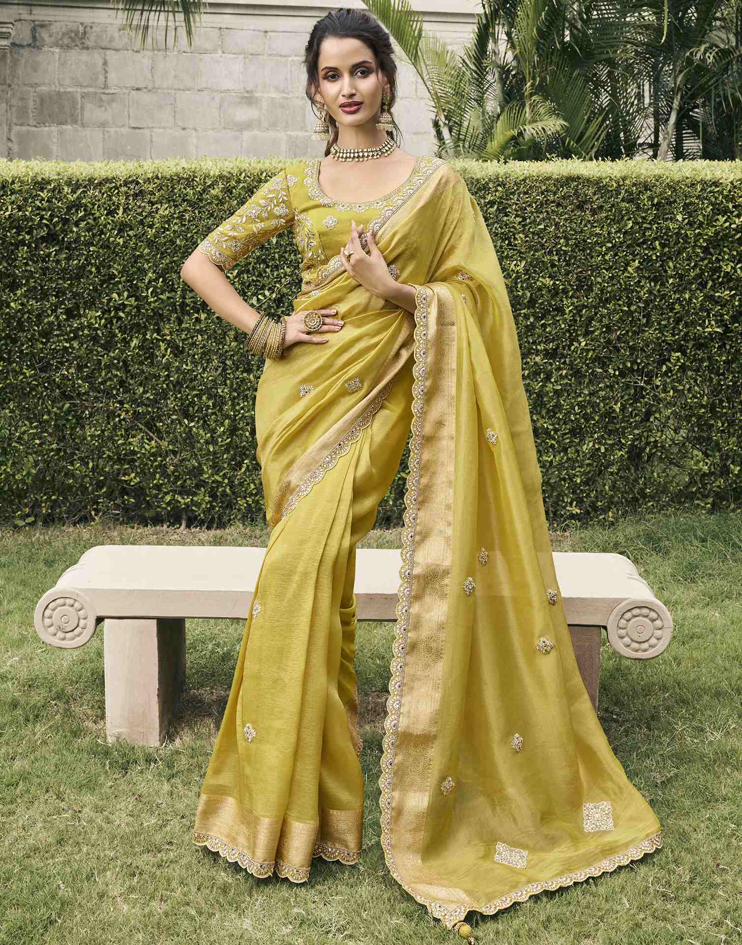 Lime Green Silk Weaving Embroidery Saree