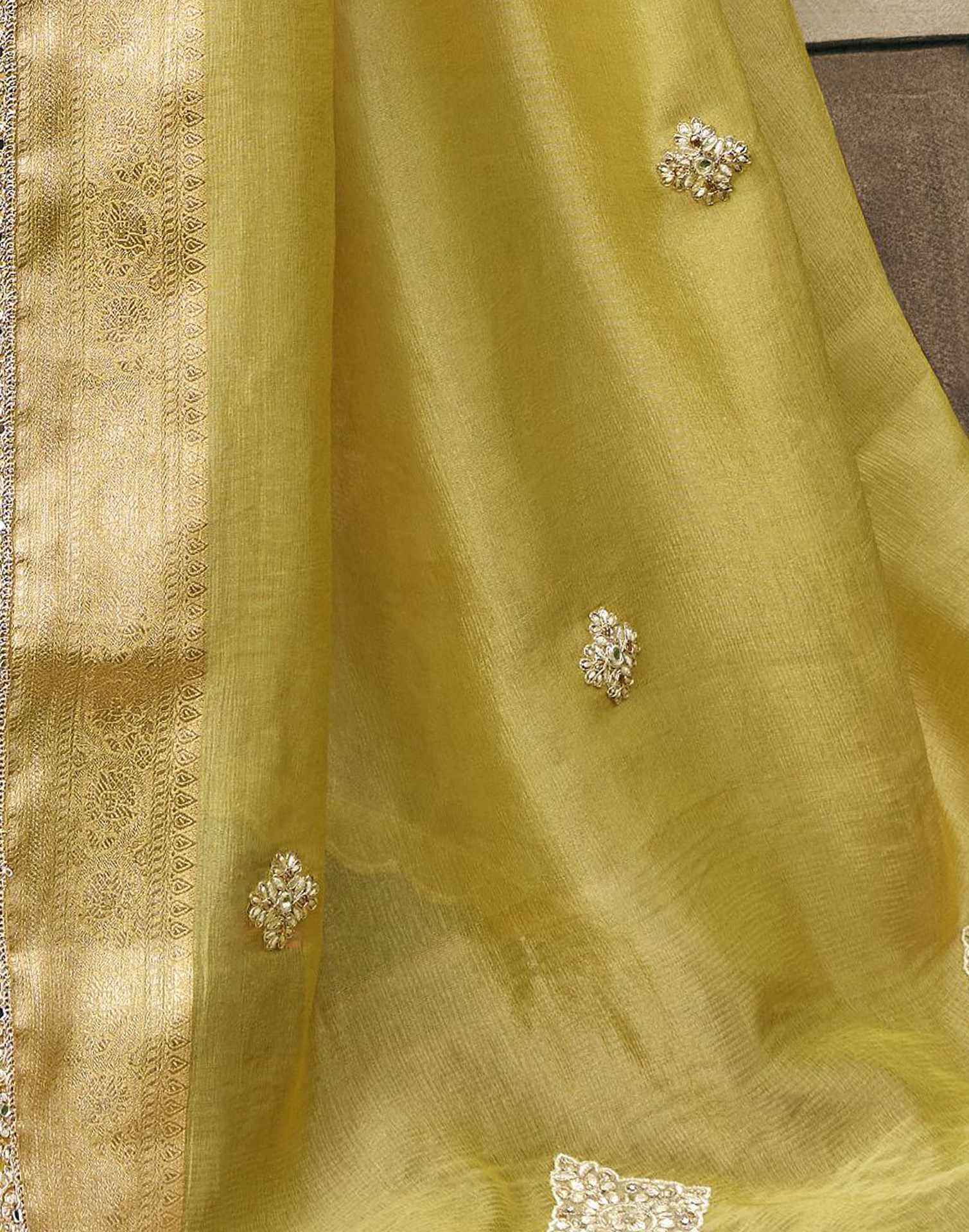 Lime Green Silk Weaving Embroidery Saree