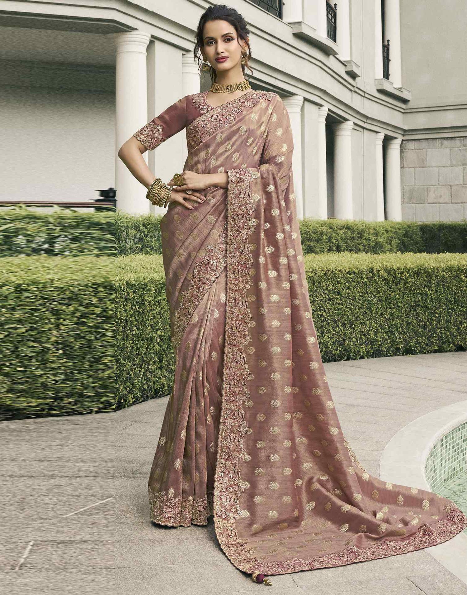 Chestnut Brown Silk Weaving Embroidery Saree