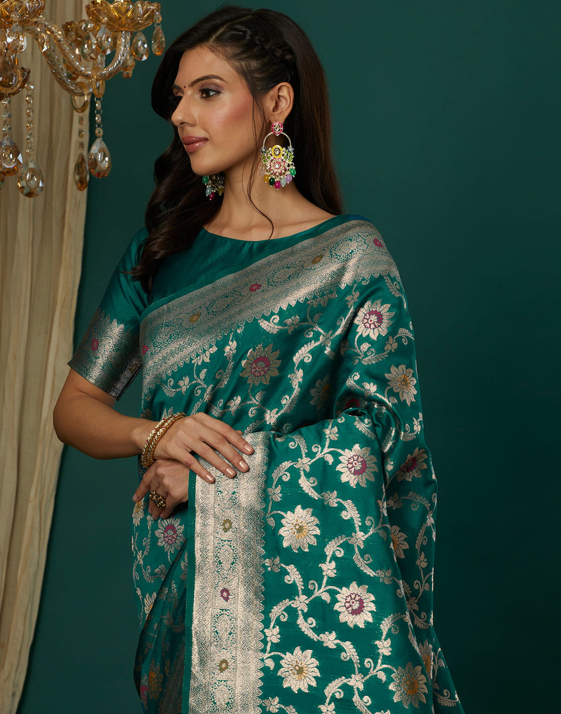 Green Silk Blend Woven Banarasi Saree