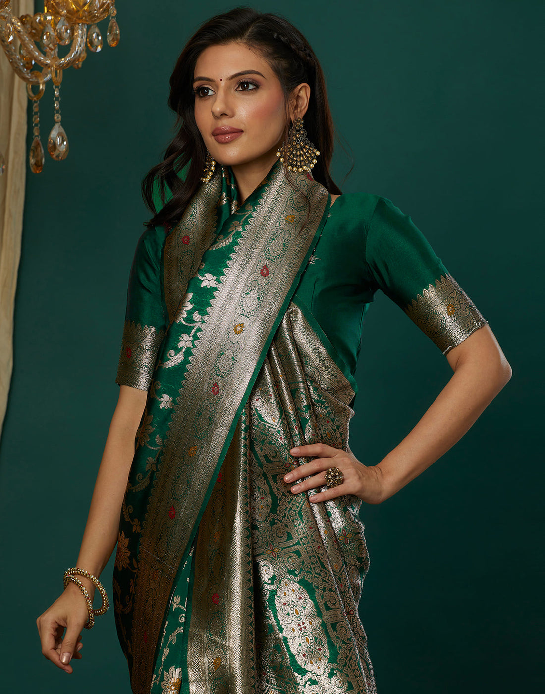 Green Silk Blend Woven Banarasi Saree