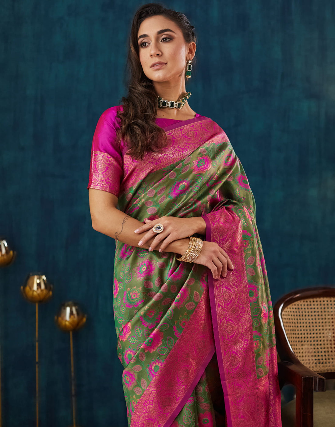 Green Silk Blend Woven Woven Saree