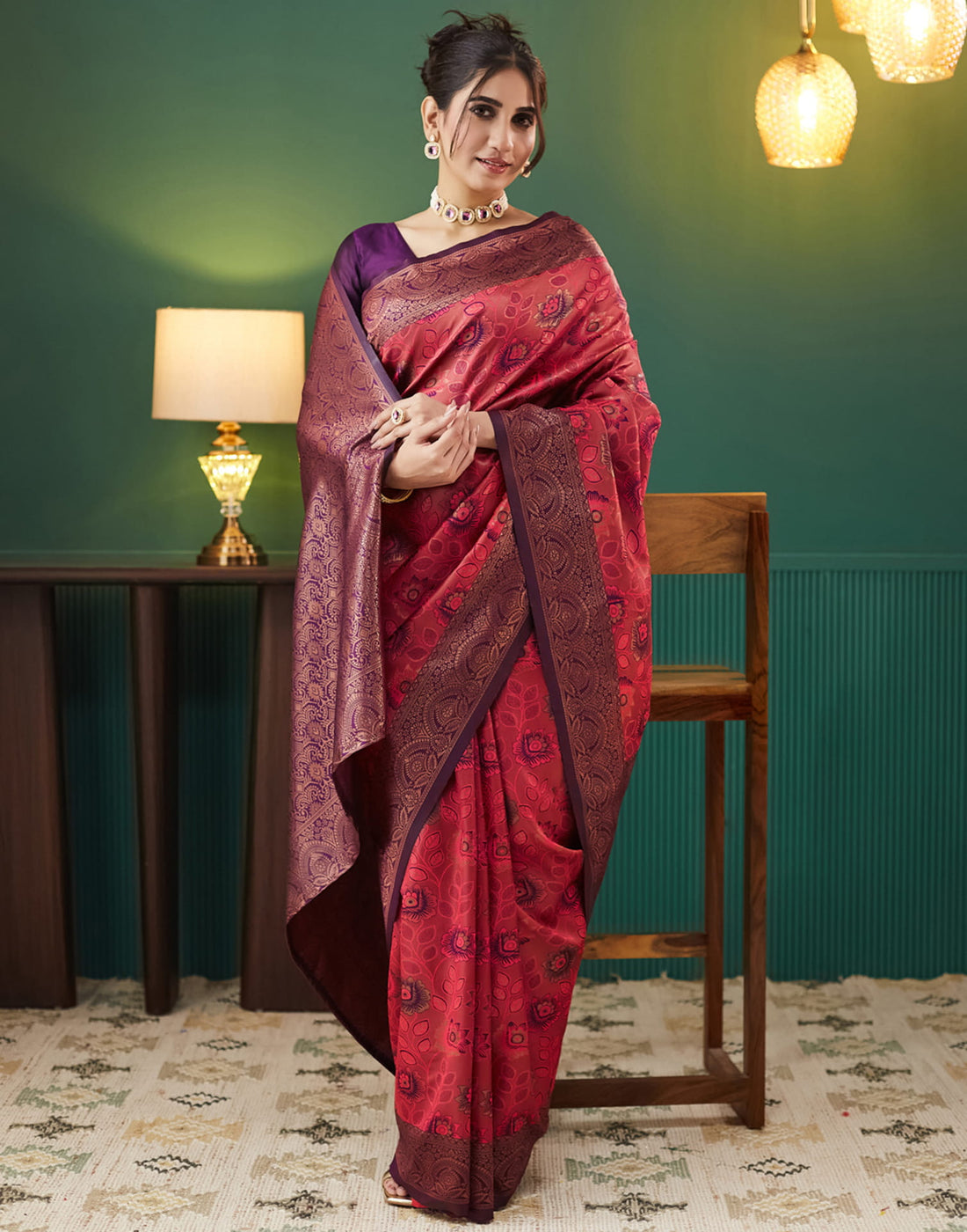 Red Silk Blend Woven Woven Saree