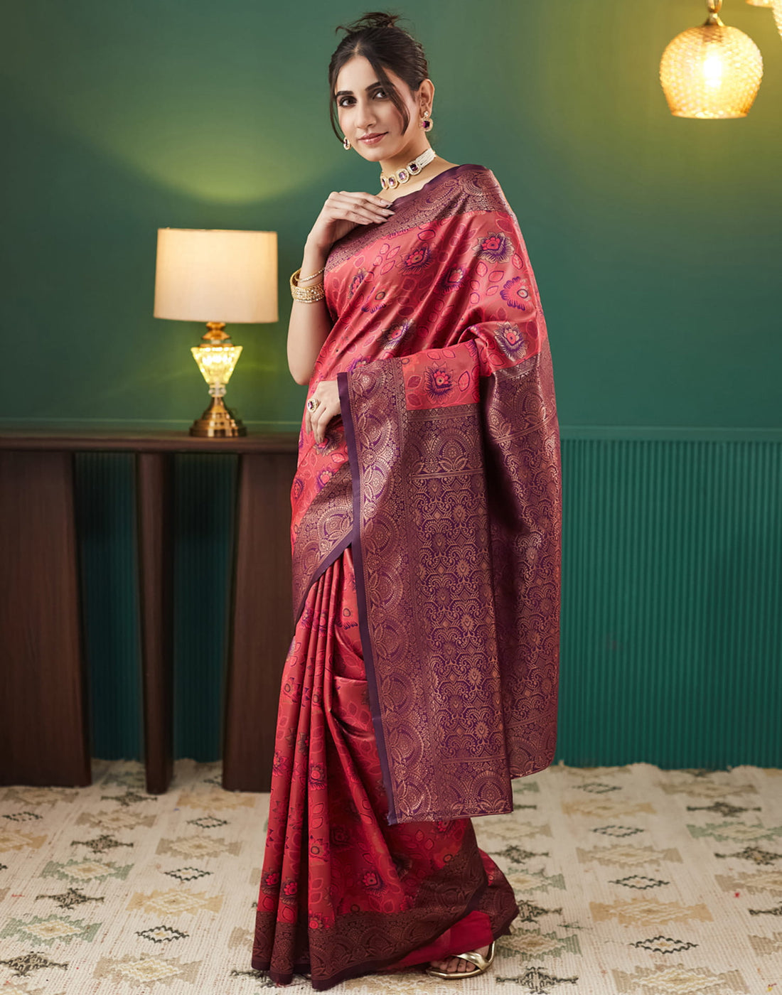 Red Silk Blend Woven Woven Saree