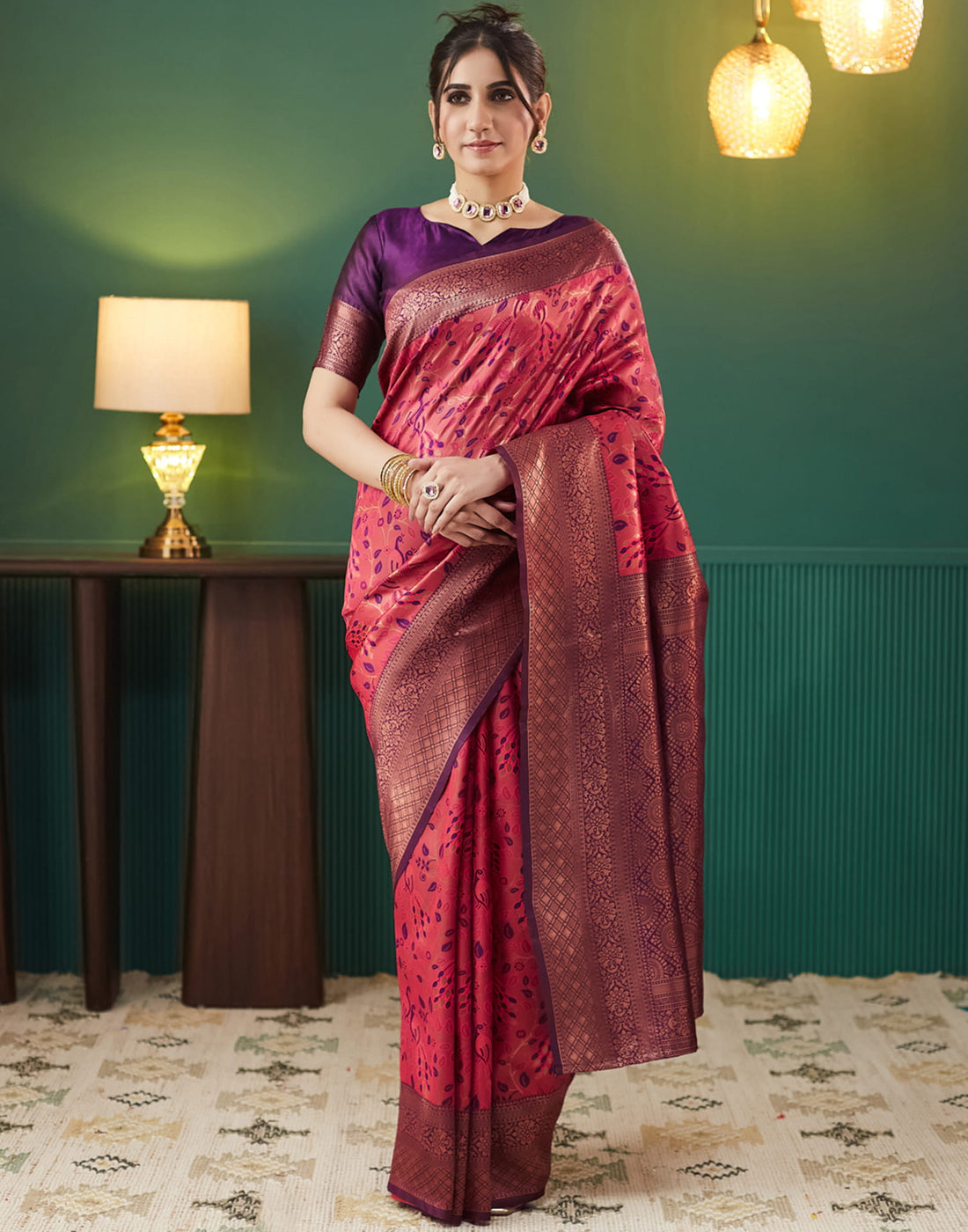 Red Silk Blend Woven Saree