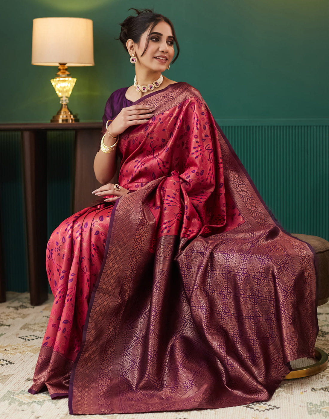 Red Silk Blend Woven Woven Saree