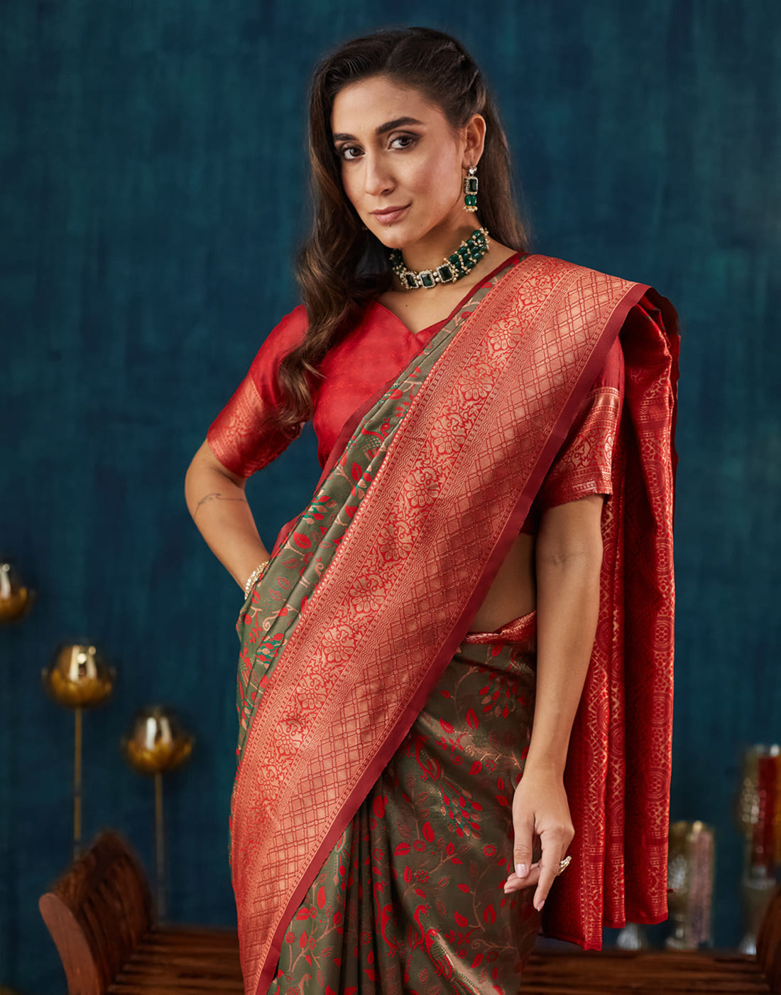 Green Silk Blend Woven Saree