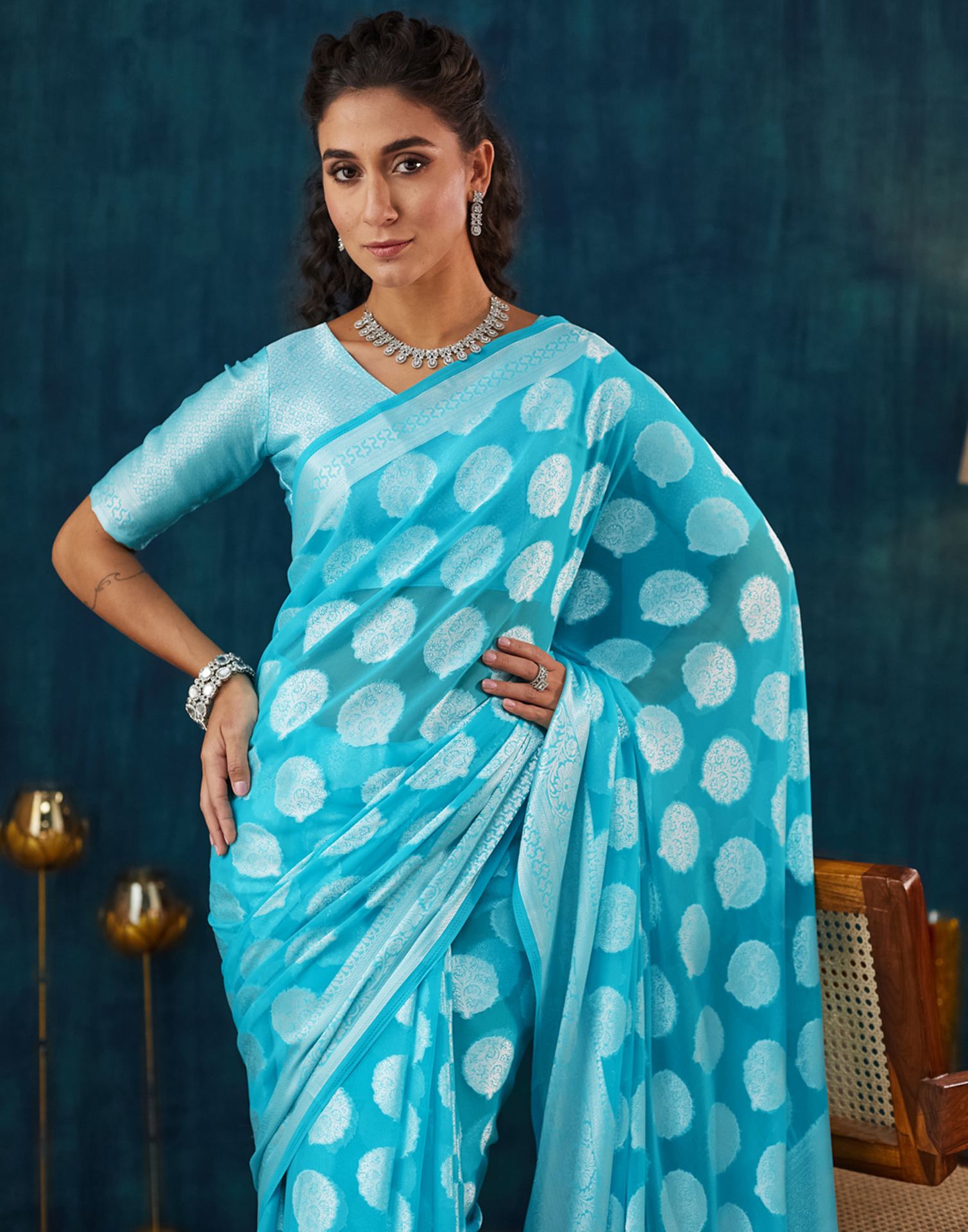 Sky Blue Georgette Weaving Banarasi Saree