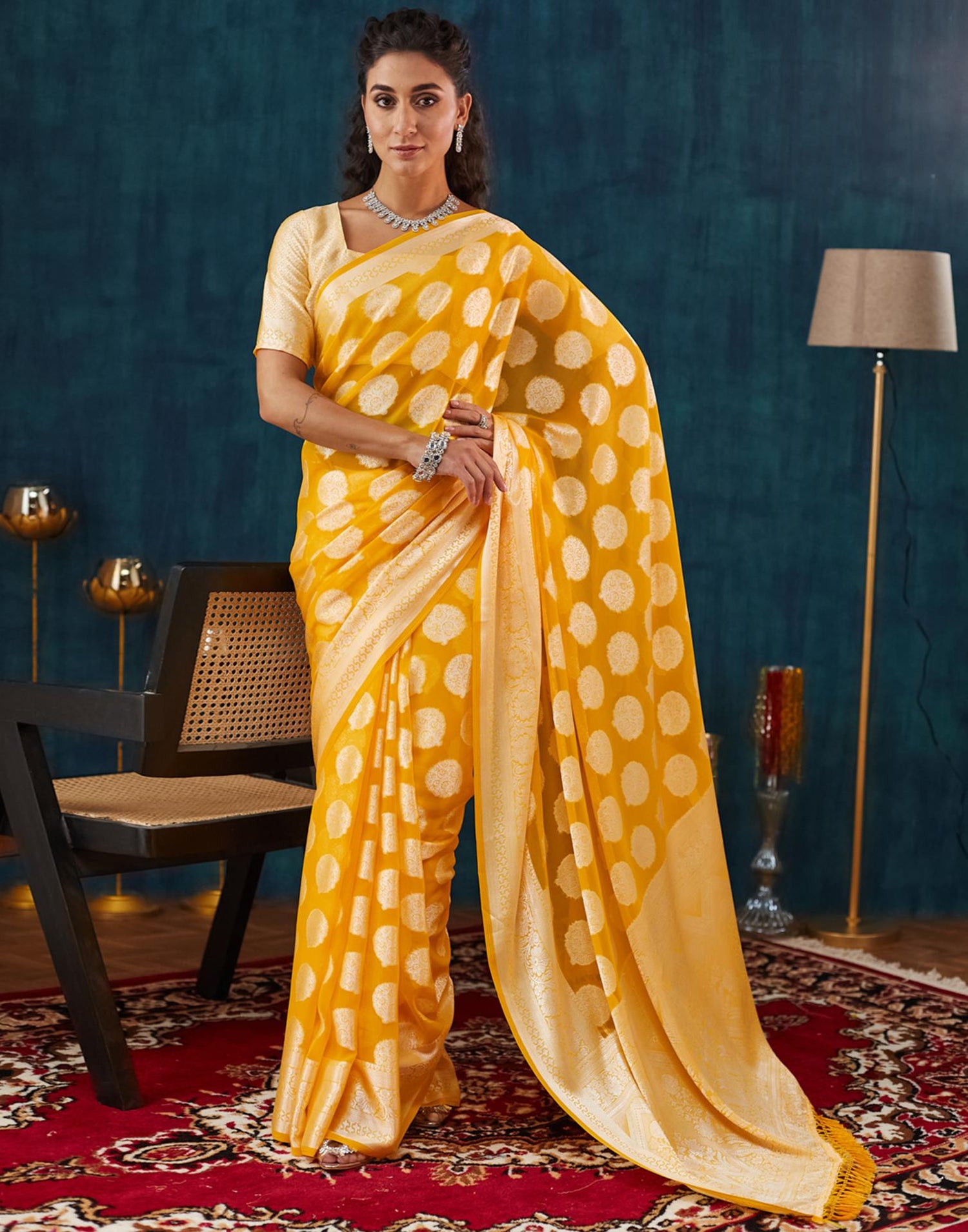 Yellow Georgette Weaving Banarasi Saree