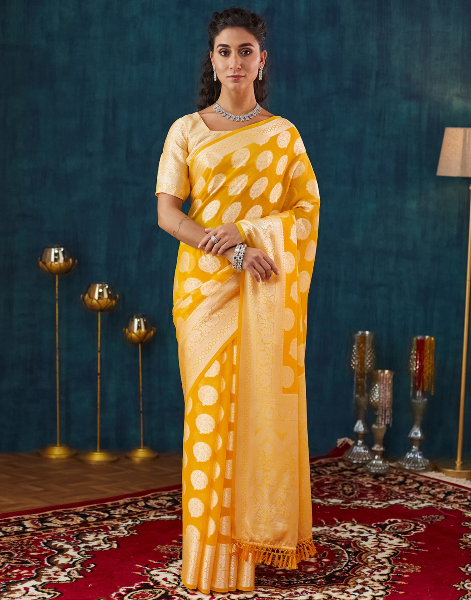 Yellow Georgette Weaving Banarasi Saree