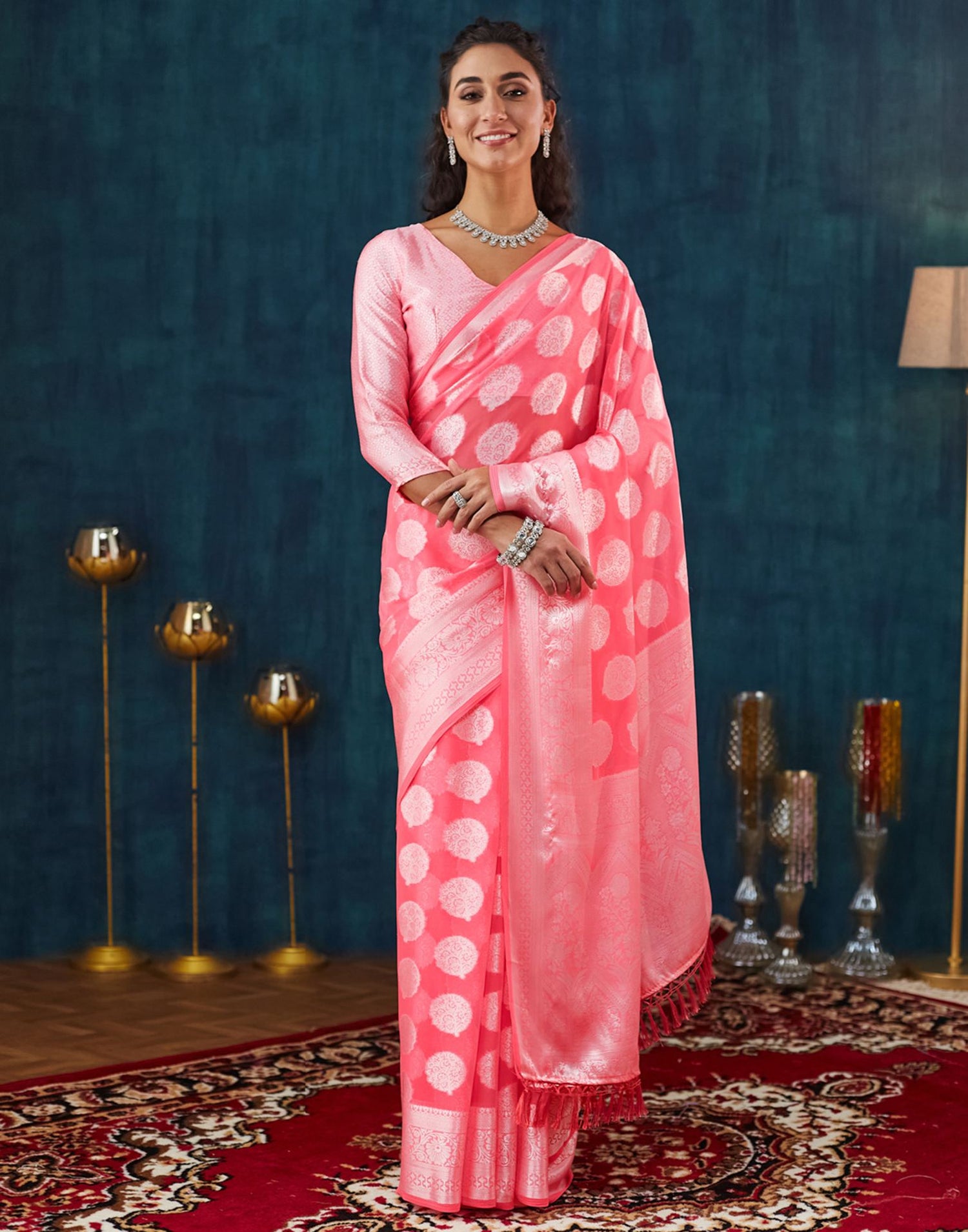 Rose Pink Georgette Weaving Banarasi Saree