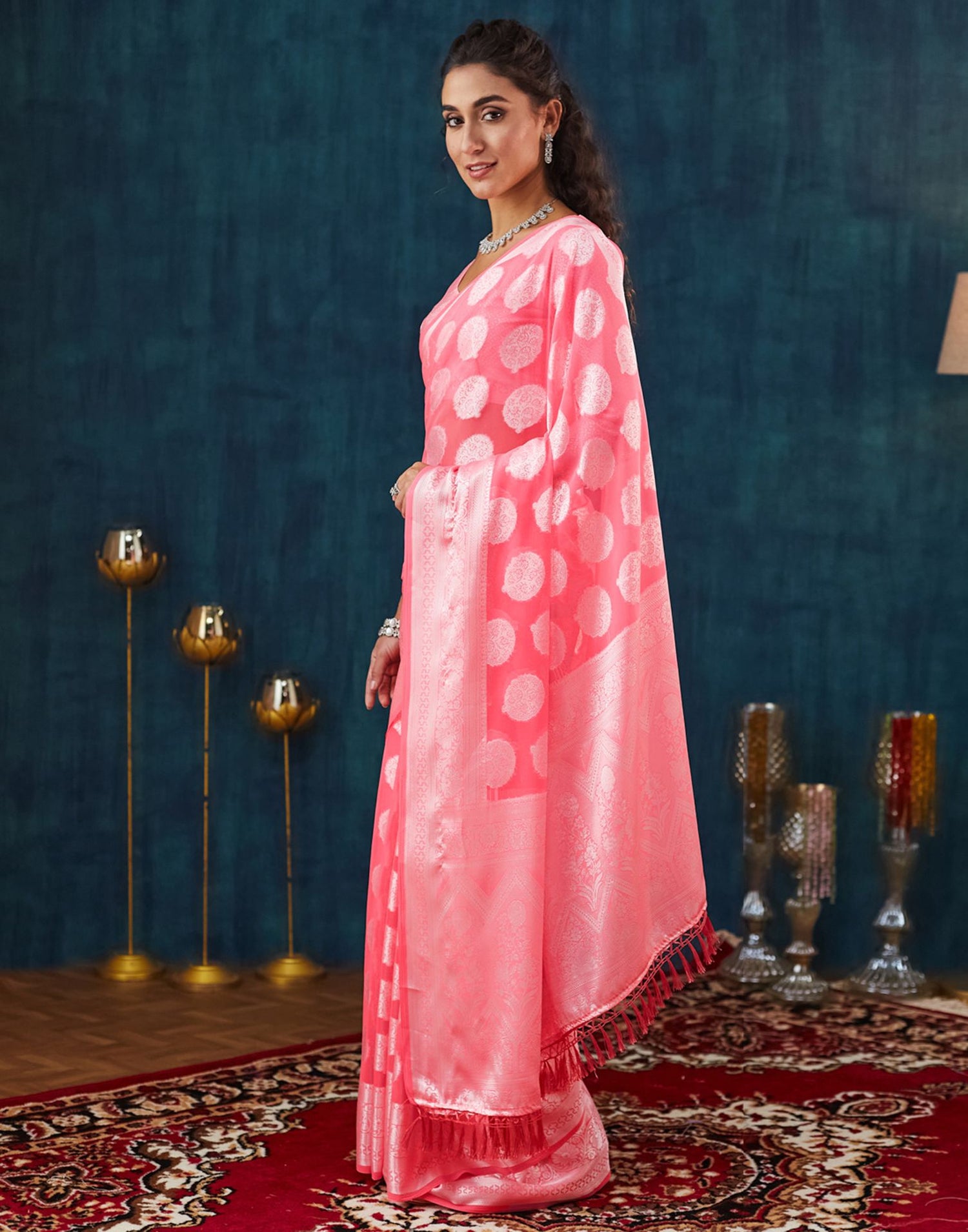 Rose Pink Georgette Weaving Banarasi Saree