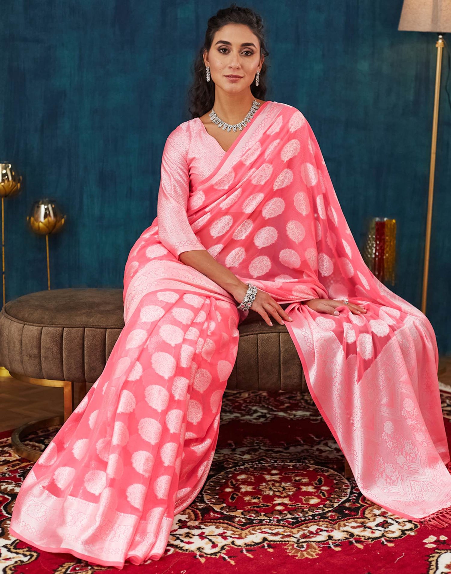 Rose Pink Georgette Weaving Banarasi Saree