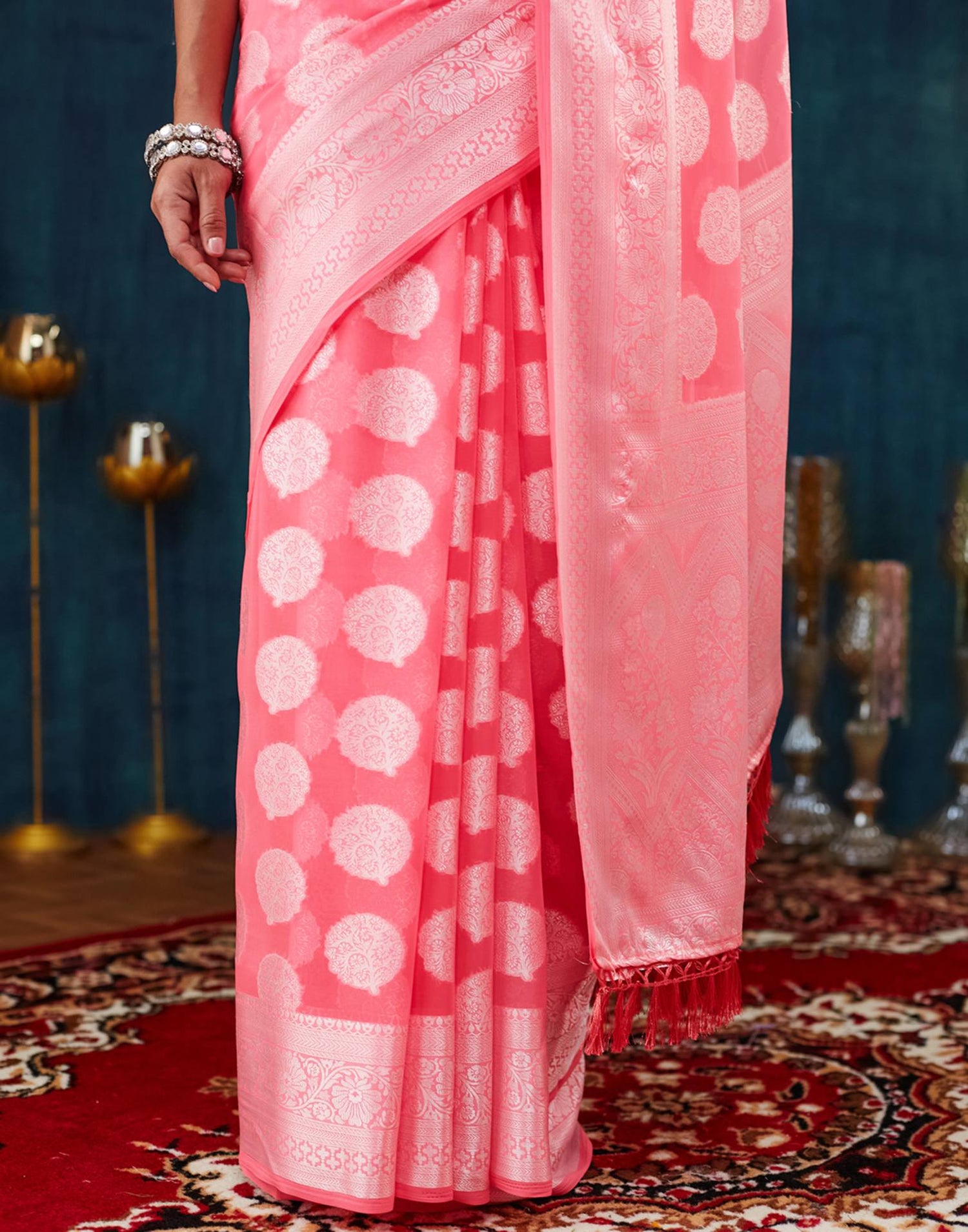 Rose Pink Georgette Weaving Banarasi Saree