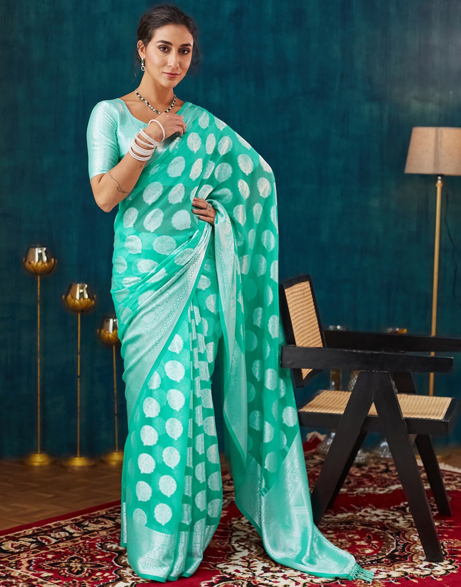 Turquoise Georgette Weaving Banarasi Saree