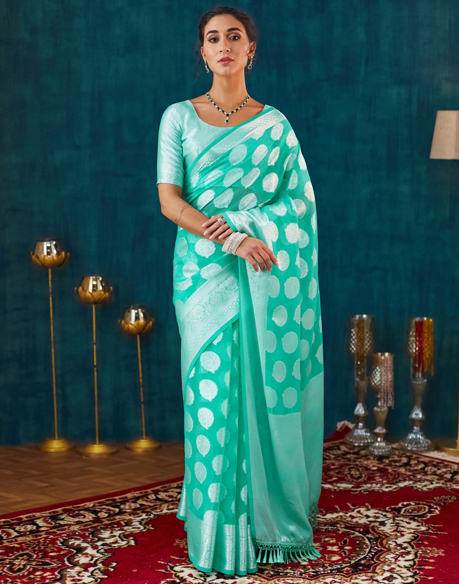 Turquoise Georgette Weaving Banarasi Saree