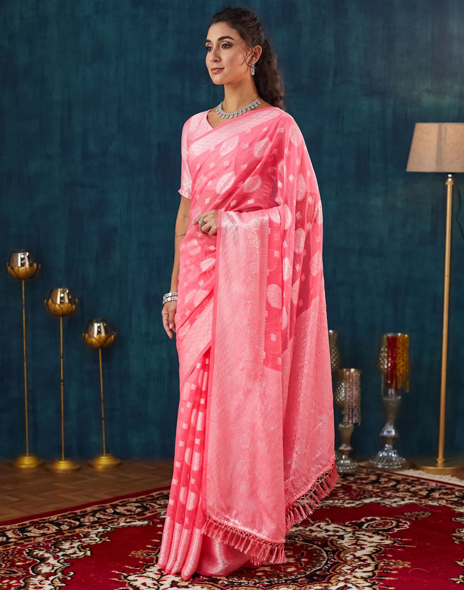 Rose Pink Georgette Woven Saree