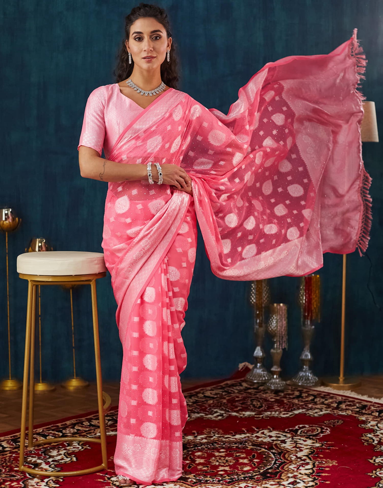 Rose Pink Georgette Woven Saree