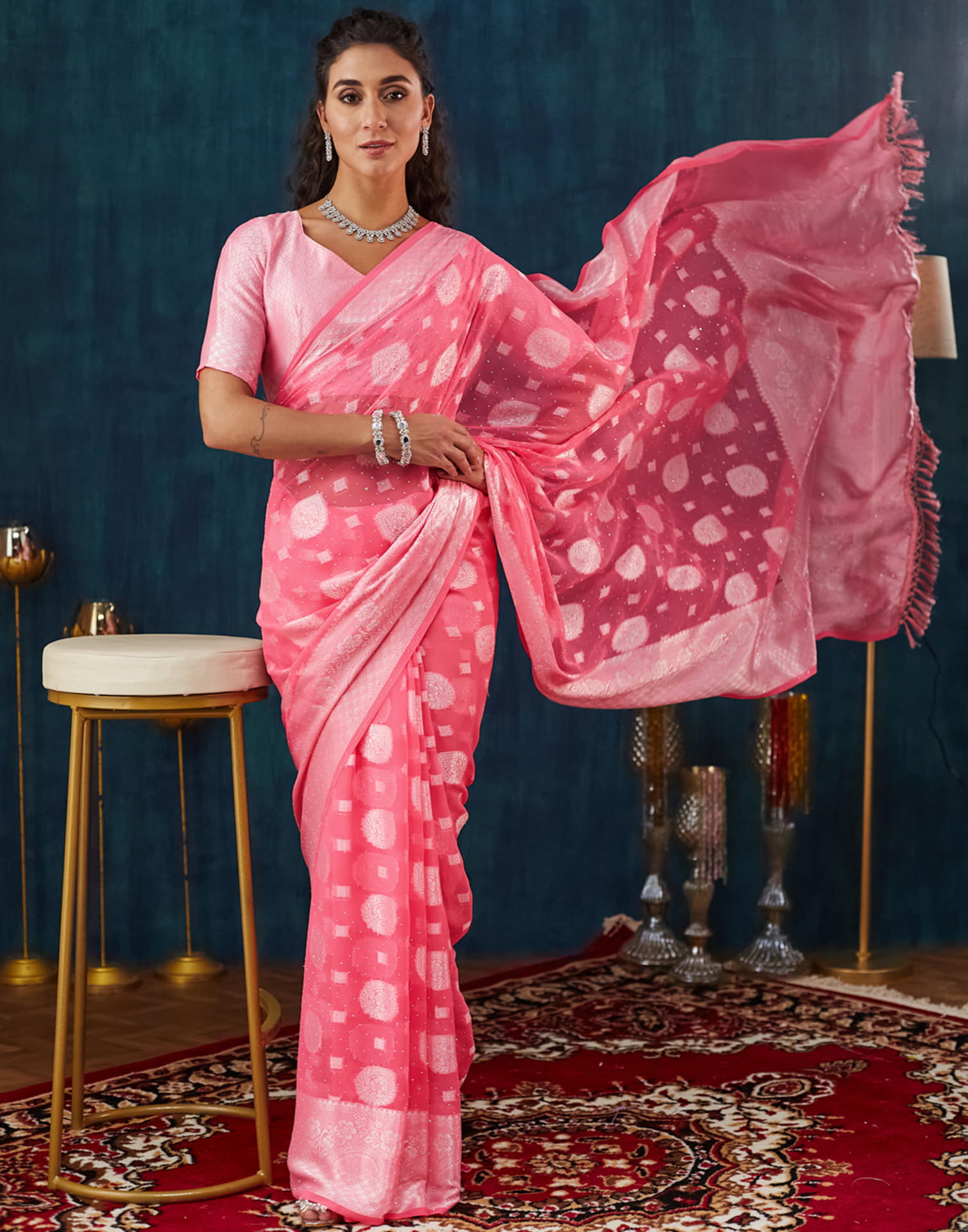 Rose Pink Georgette Woven Saree
