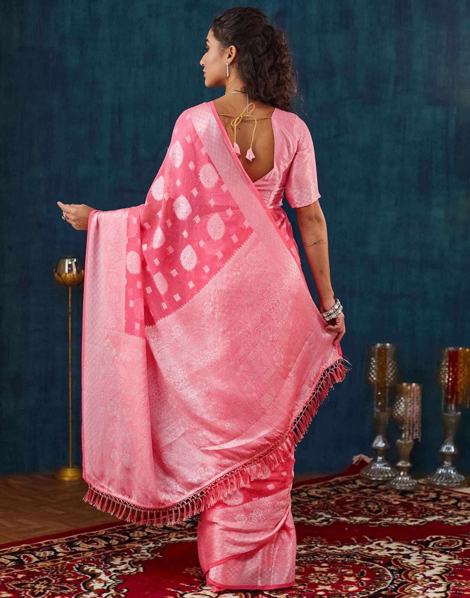 Rose Pink Georgette Woven Saree