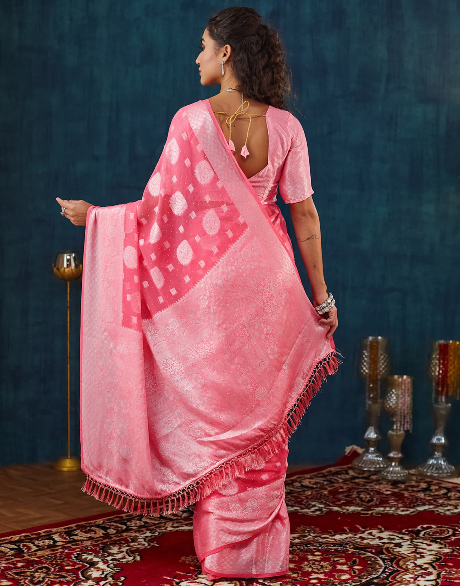 Rose Pink Georgette Woven Saree