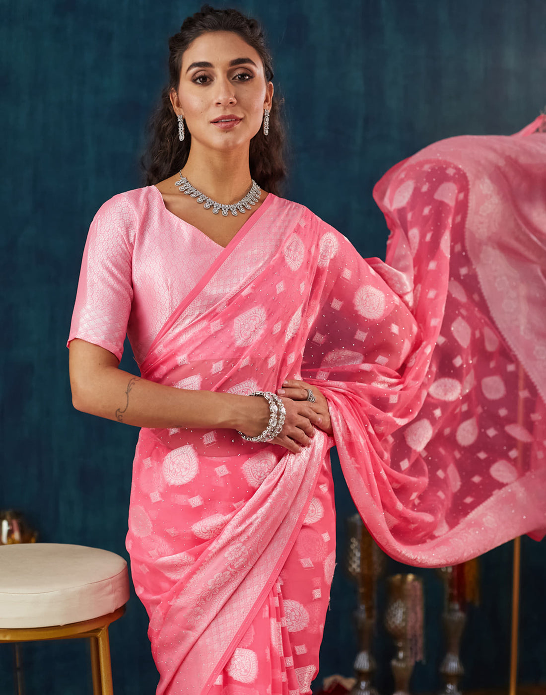 Rose Pink Georgette Woven Saree