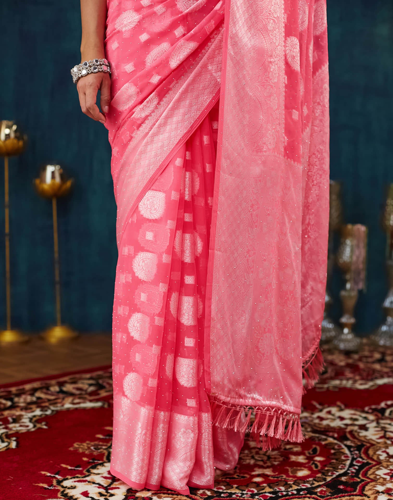 Rose Pink Georgette Woven Saree