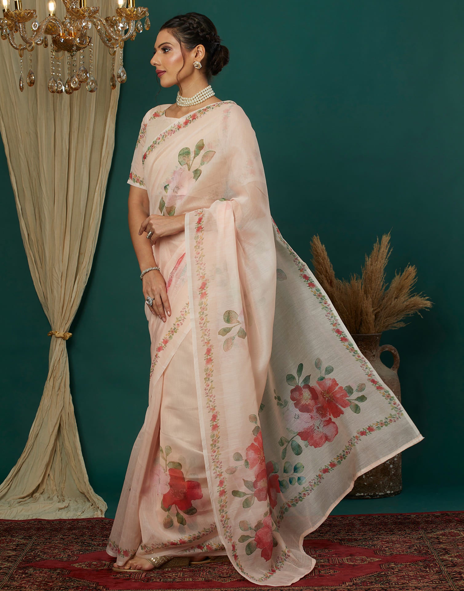 Light Peach Cotton Printed Saree