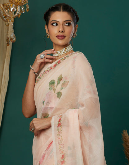 Light Peach Cotton Printed Saree