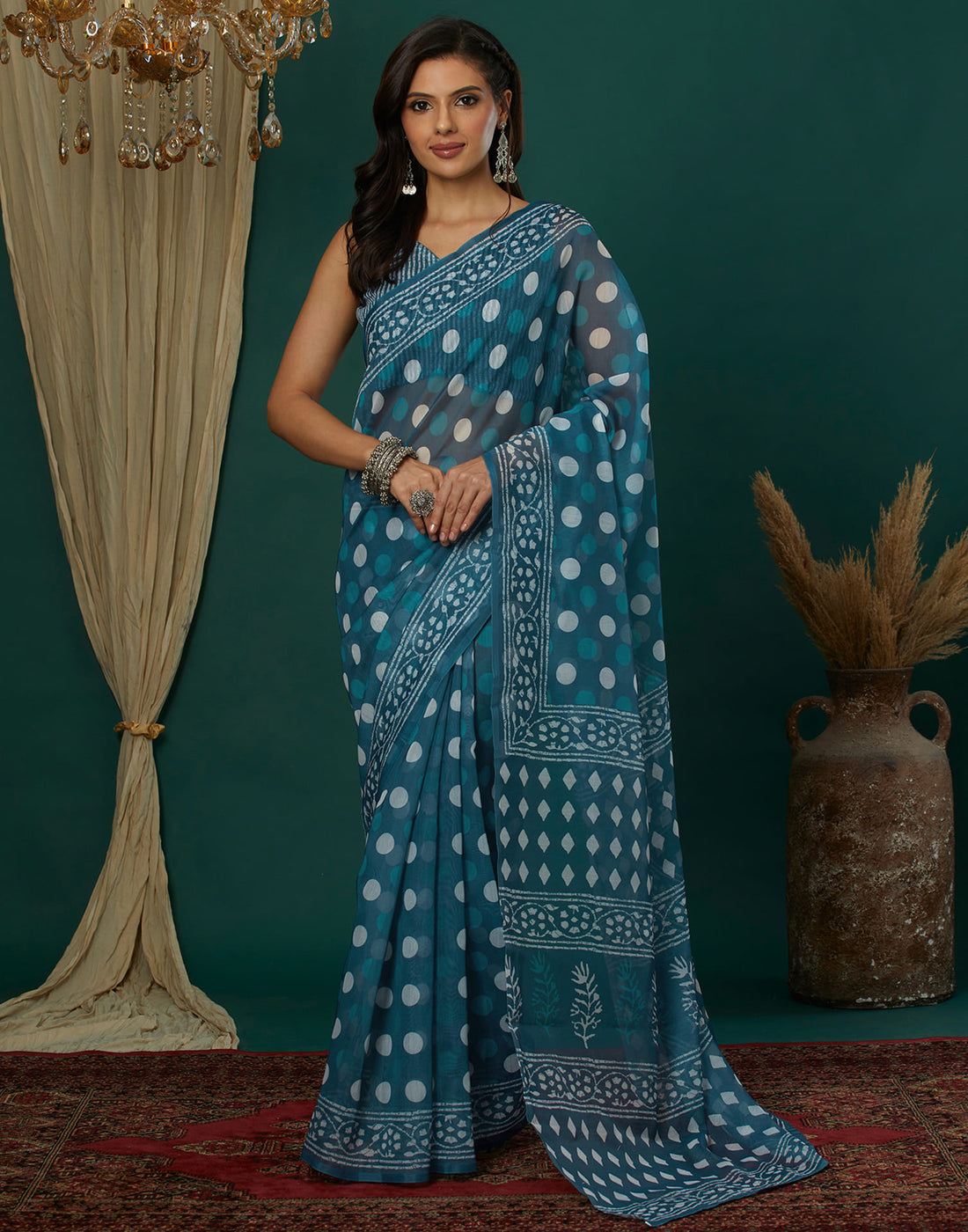 Dark Rama Blue Cotton Printed Saree