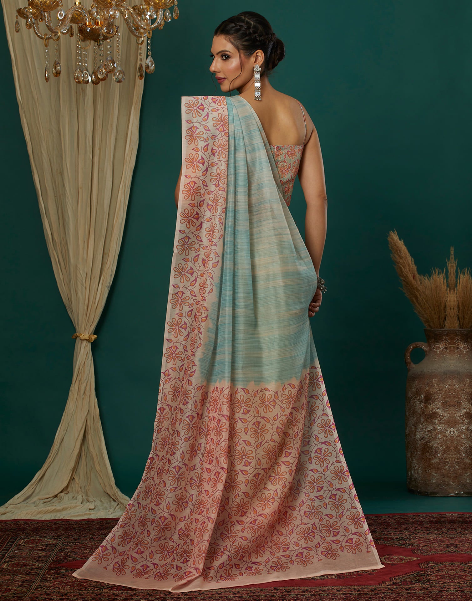 Sea Green Cotton Printed Saree