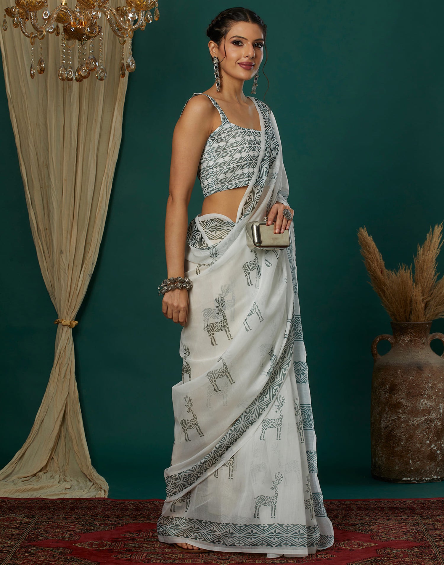 White Cotton Printed Saree