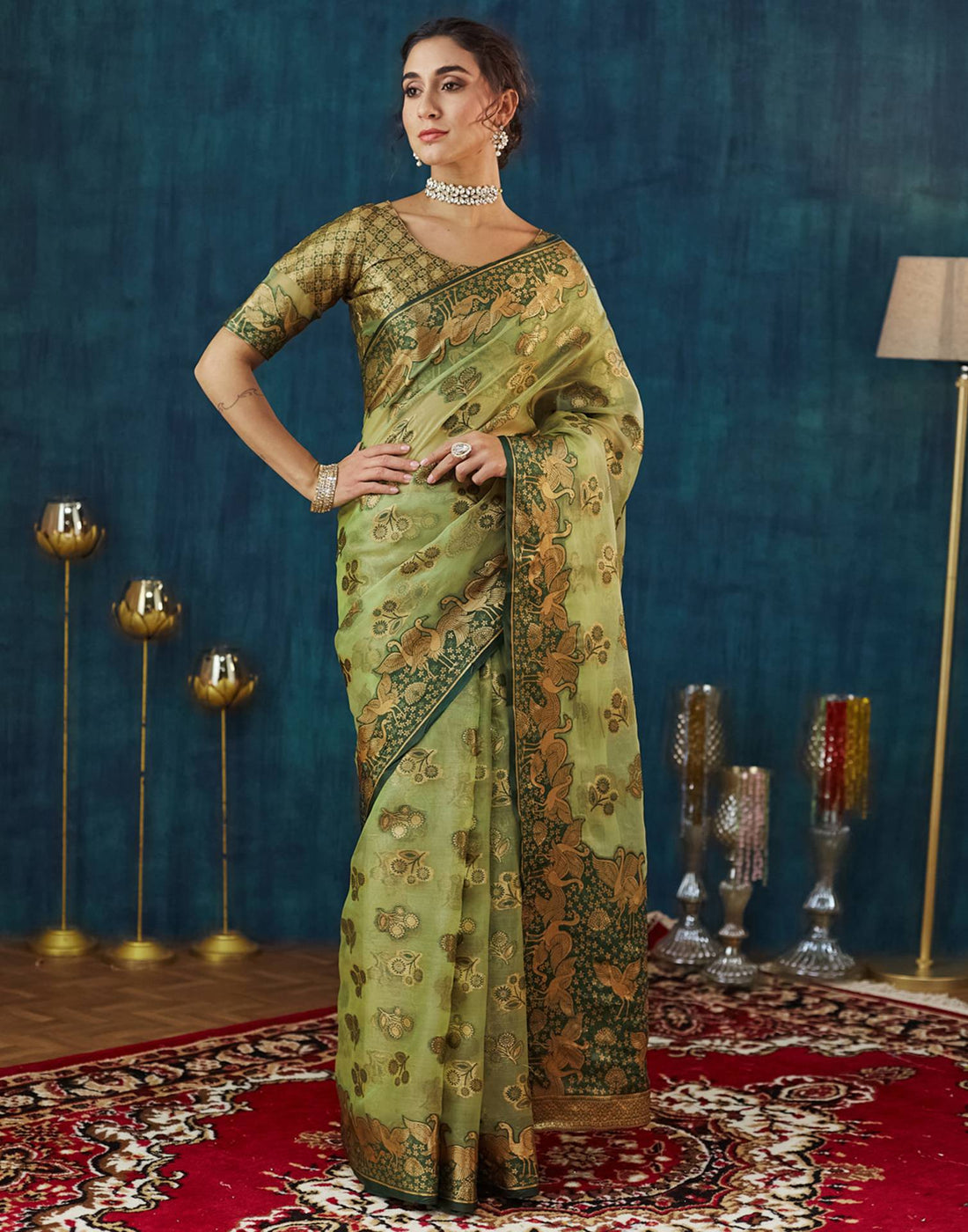 Pista Green Organza Weaving Banarasi Saree