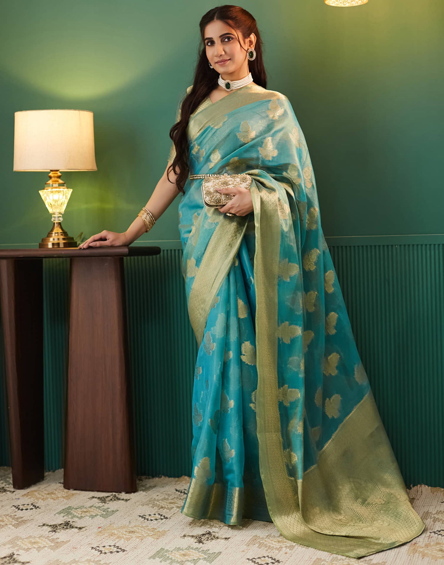 Teal Blue Silk Weaving Banarasi Saree