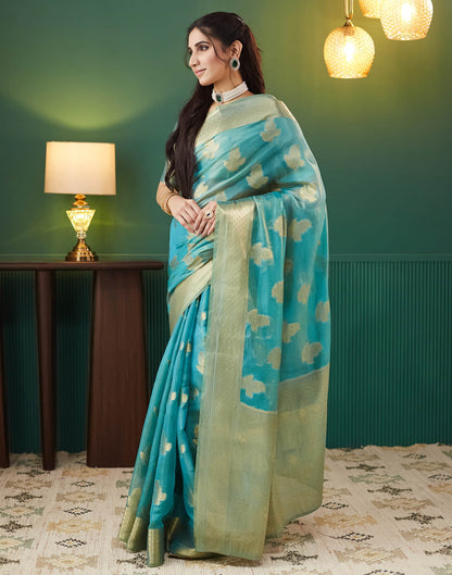 Teal Blue Silk Weaving Banarasi Saree