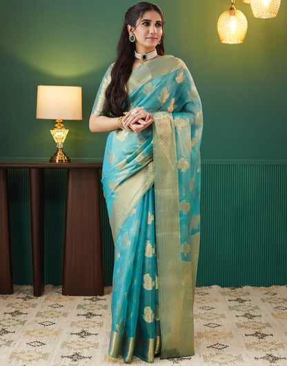 Teal Blue Silk Weaving Banarasi Saree