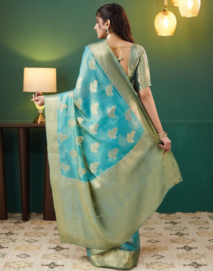 Teal Blue Silk Weaving Banarasi Saree