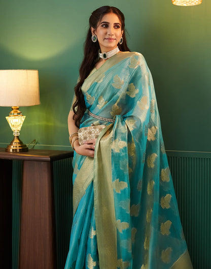 Teal Blue Silk Weaving Banarasi Saree