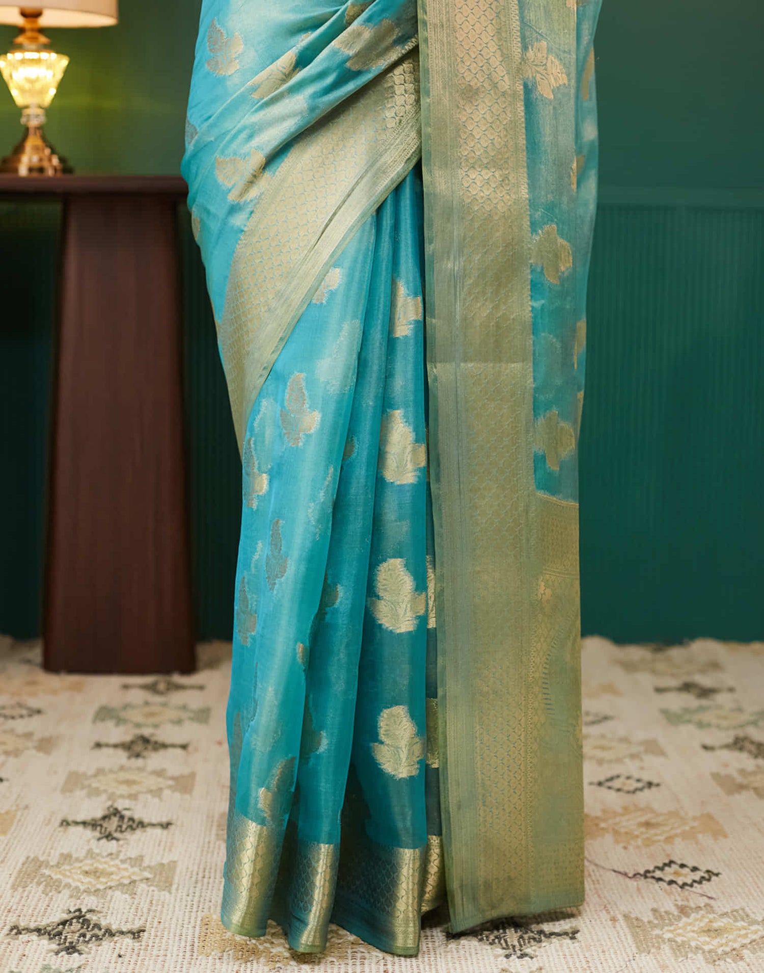 Teal Blue Silk Weaving Banarasi Saree