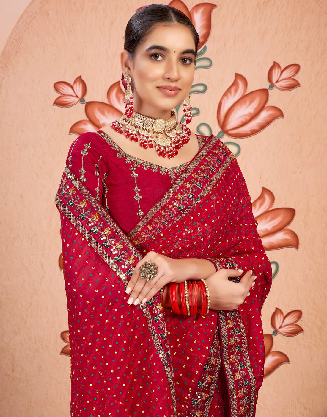 Red Chiffon Sequence  Bandhani Saree